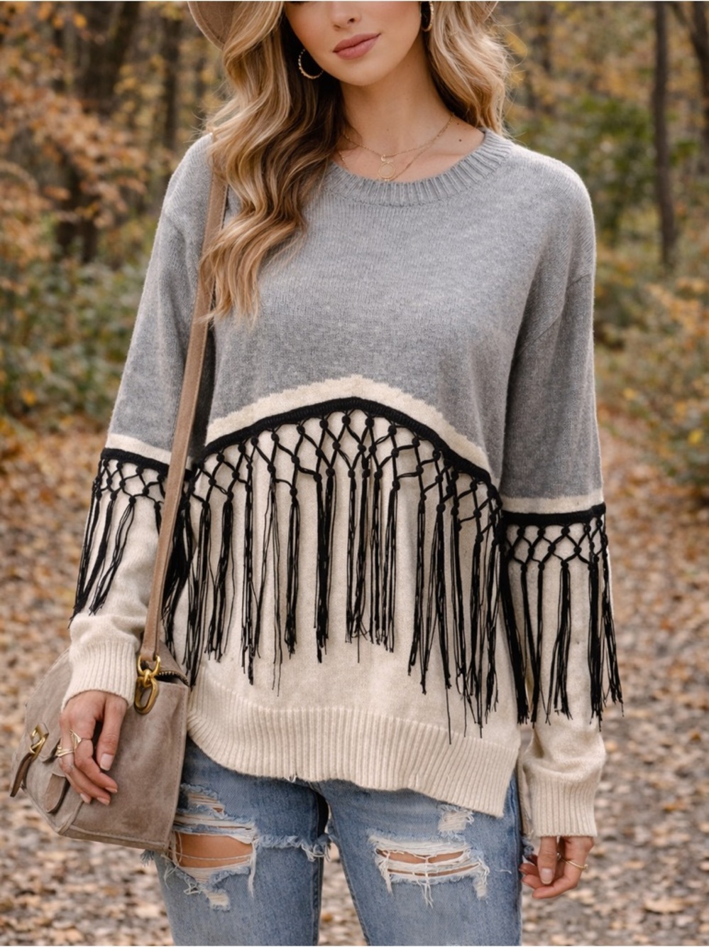 Neiman Marcus Gray Cream Colorblock Fringe Crewneck Sweater size Large
